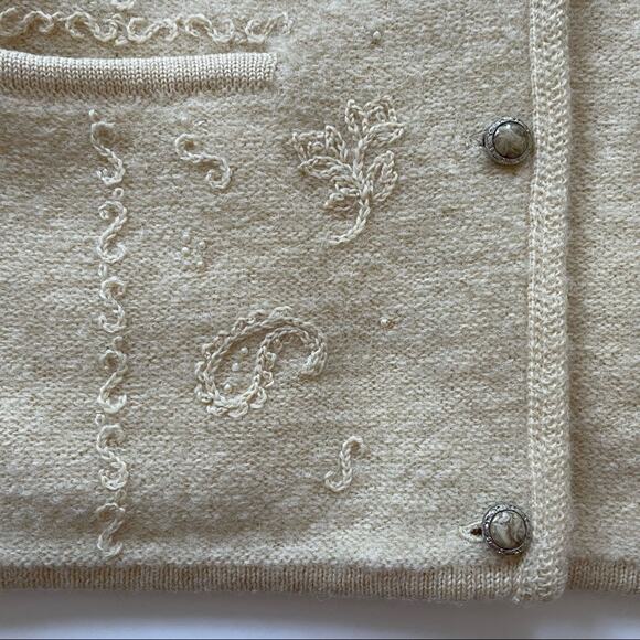 Jantzen Wool Cardigan with Pockets Embroidered Beaded Pearls Vintage 1980s Cream - Picture 4 of 6